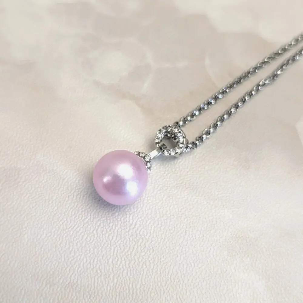 Pink Faux Pearl with Clear Gems Silver Tone Pendant Necklace